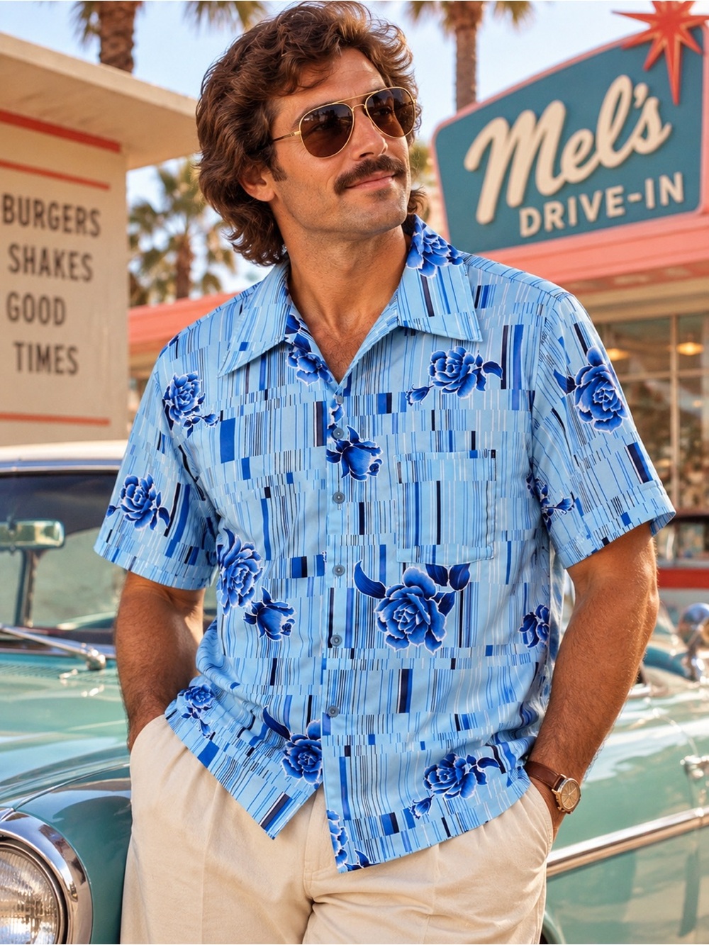 Vintage Triumph of California Men’s XL Blue Floral Disco Shirt 70s Retro